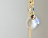 White Pearl Necklace - Simple Gemstone Nautical Charm 14k Gold Wire Wrapped Pendant Pyrite Tanzanite Cluster Handmade Jewelry for Her.