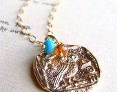 Athena Owl Necklace Bronze Greek Coin Pendant Turquoise Hessonite Garnet Brown Blue 14k Gold Filled