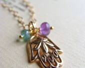 Hamsa Hand Necklace Purple Amethyst Aqua Apatite Gemstone Bronze Pendant 14k Gold Filled February Birthstone GENTLE SPIRIT necklace