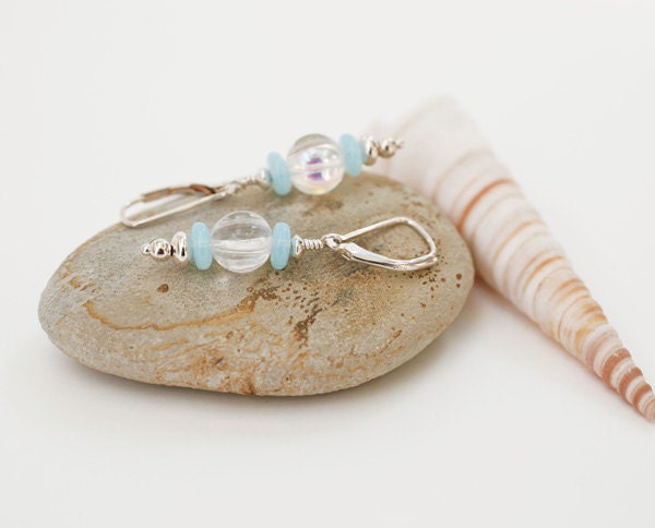 Sky Blue Iridescent Czech Glass Silver Dangle Earrings, Beachy Earrings, Pale Blue Dangle Earring, Sterling Jewelry