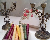 Vintage Small Pair of Three Tear Ornate Candle Holders and Candles - at KonniesPlace