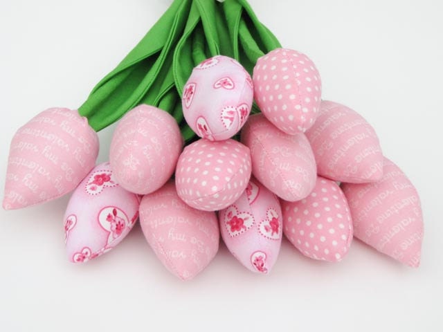 Dozen of spring flowers, tulips fabric flower pale pink tulip bouquet - gift for Valentine day,birthday,get well. Gift for girl and wife