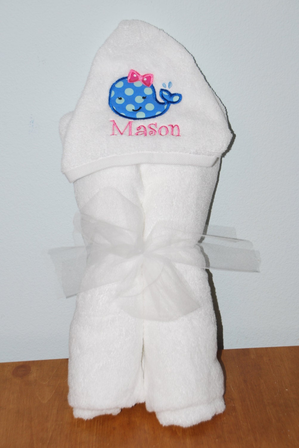 Boutique Custom Personalized Monogrammed Childrens' Appliqued Hooded Towel Bow Whale Boys Girls Kids