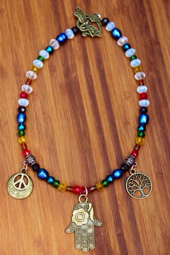Chakra Necklace with Healing Hand Pendant, Tree of Life Pendant, Peace Sign Pendant. Tree of Life Necklace, Peace Sign Necklace