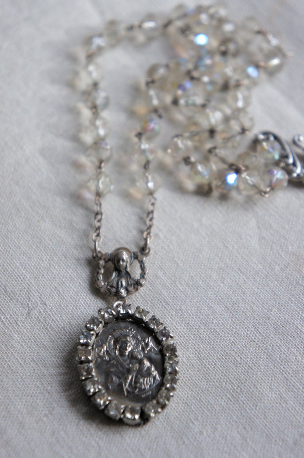 Vintage assemblage necklace religious medal sterling rhinestones rosary chain assemblage jewelry - Faith by French Feather Designs.