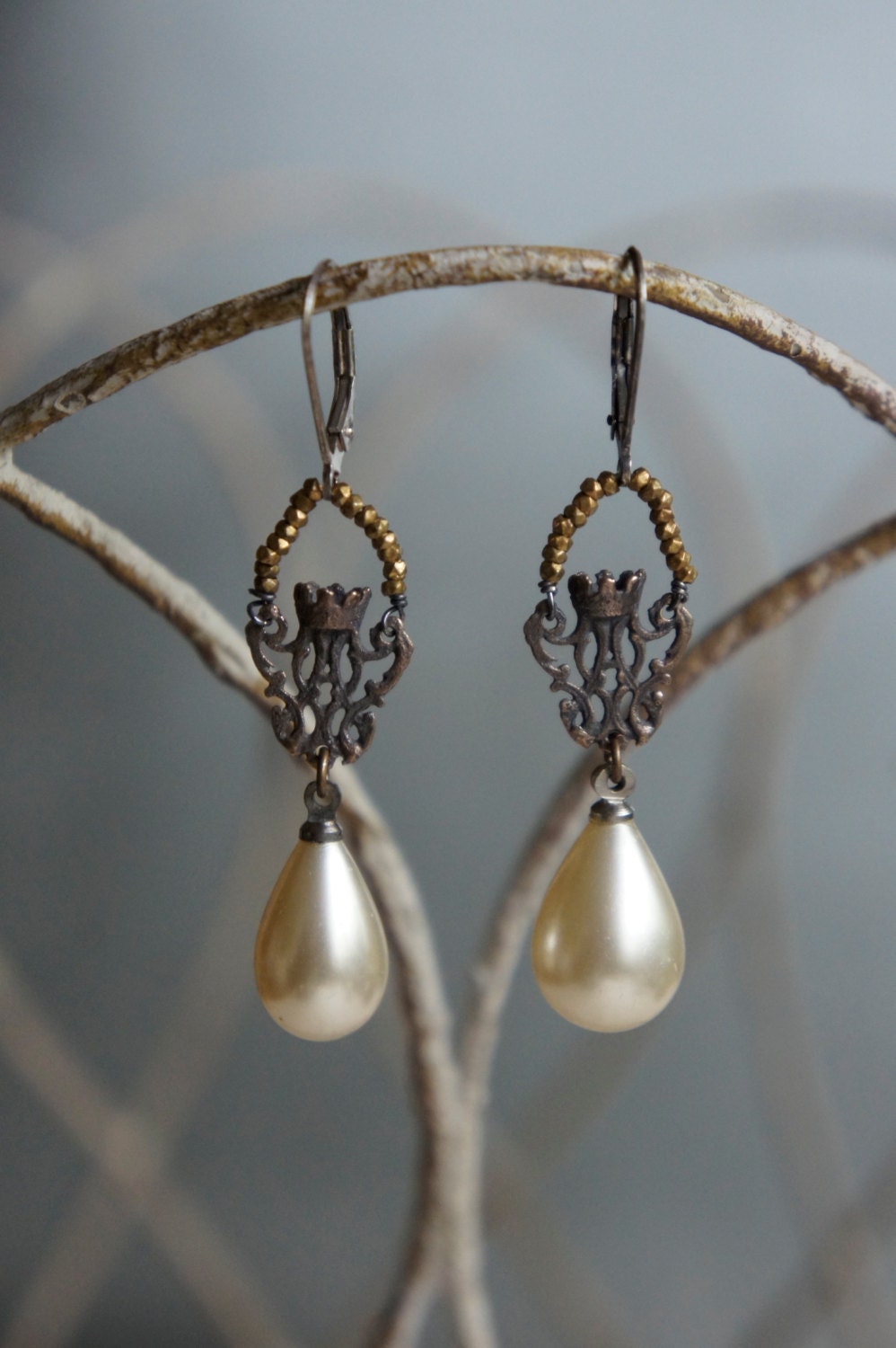 Vintage assemblage earrings tear drop pearls rosary centers french cut steel assemblage jewelry - Simple Vintage by French Feather Designs.