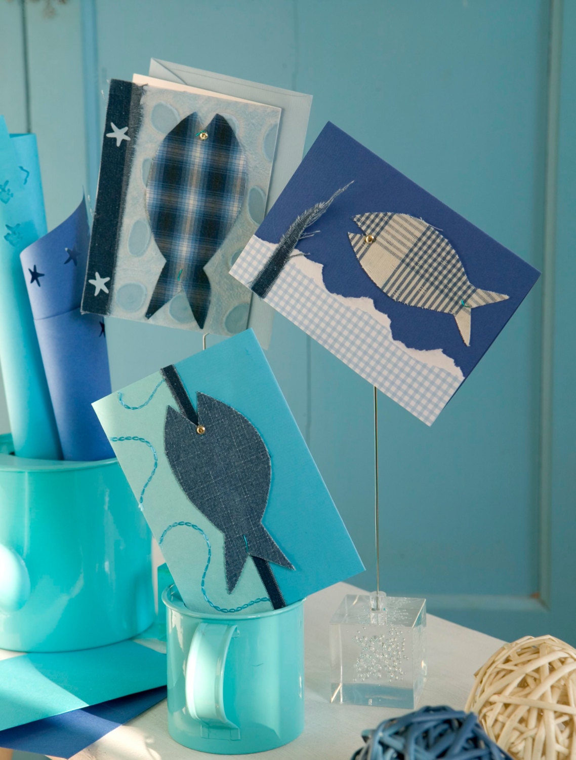 Ooak 3 Blue fishes cards textil denim checked striped