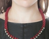 Maroon Cord Wrapped Crystal Chain Necklace- Jewelry