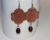 Burgundy fresh water pearls Antique Terracotta Filigree Patina chandelier Vintage Earrings - Vintage Antique Silver earrings
