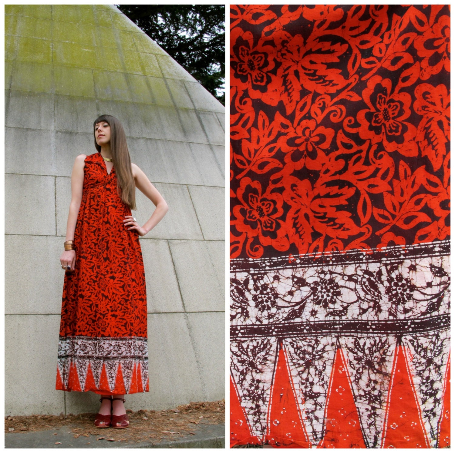 Red Empire Waist Vintage Batik Maxi Dress