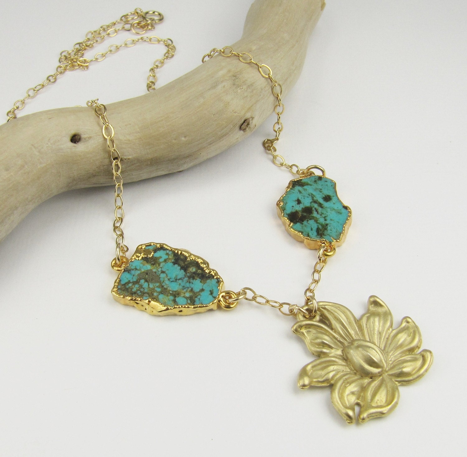 Turquoise Necklace, December Birthstone, Turquoise Slices, Lotus Flower Necklace, Gold Necklace, Pendant Necklace, Turquoise and Gold