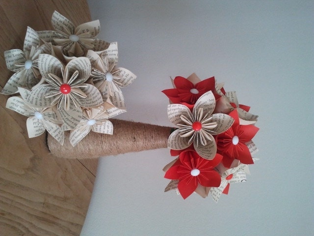 Vintage themed Wedding bouquets package-origami bouquets-old book and red bouquets -Ready to ship