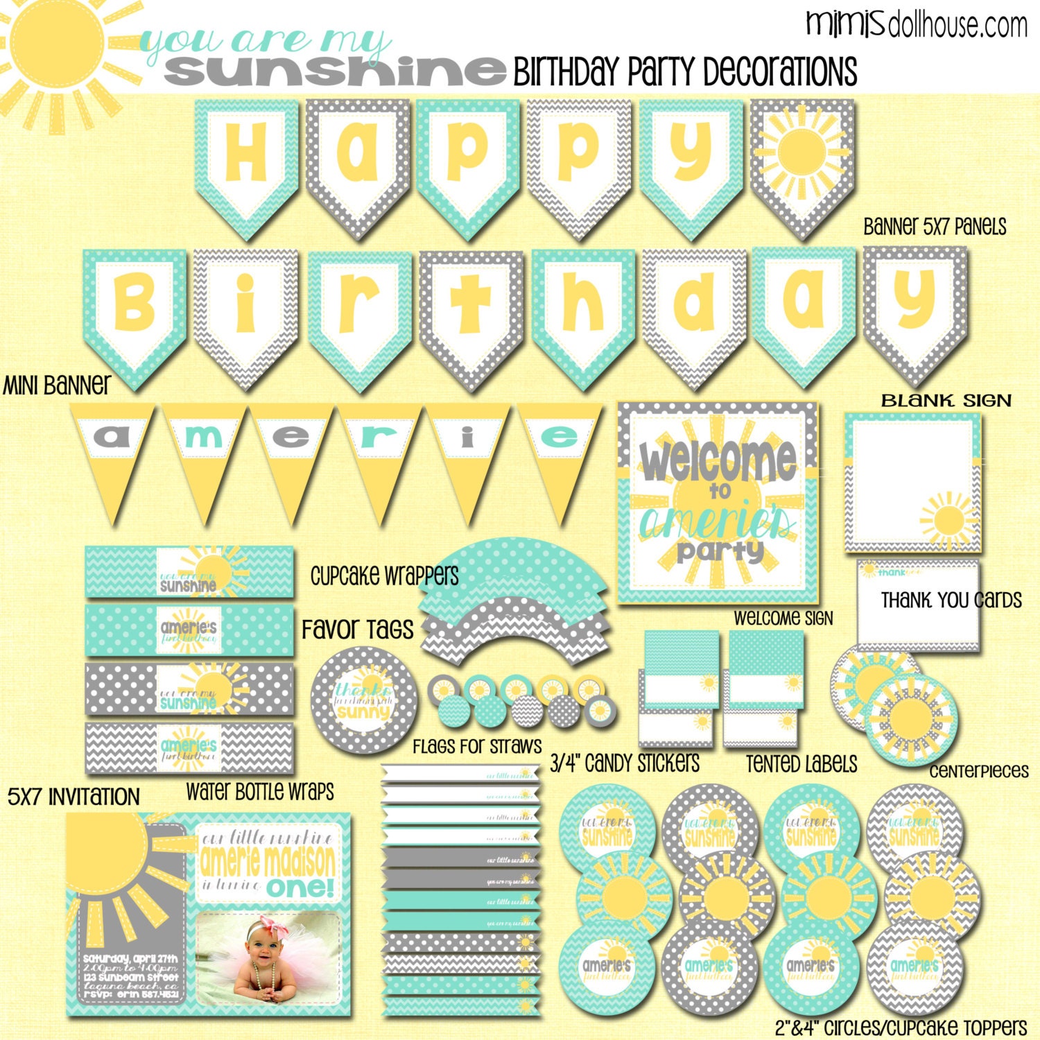 Sunshine Party Decorations- Printable You are my Sunshine Birthday Party Decorations PDF