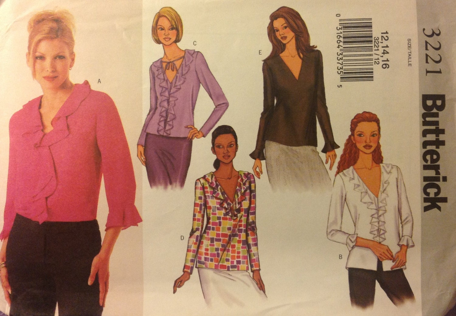 Butterick 3221 Sizes 12 14 16 ladies ruffled blouse  5 styles sleeve flounce sewing pattern Very pretty