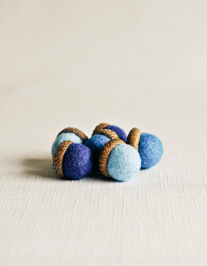 Shades of Blue Needle Felted Large Acorns - Set of 6 - Woodland Nature Waldorf Inspired Home Decor All Natural Wool Felt Gift Decorations