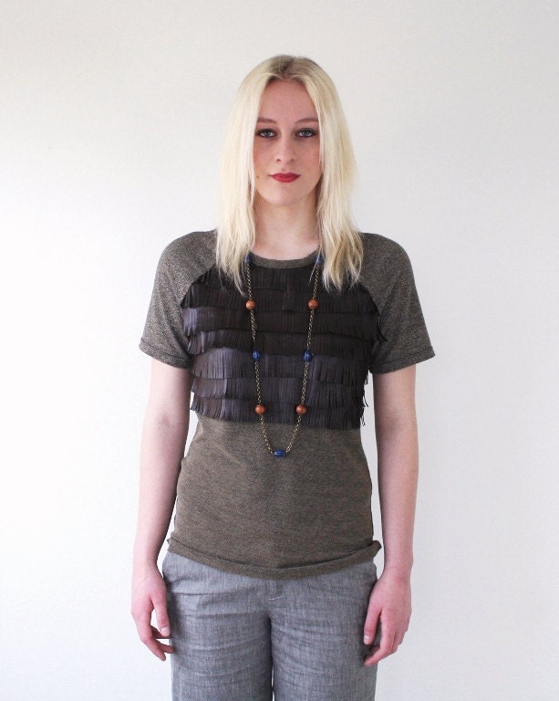 Fringe raglan tshirt, cotton and faux leather tshirt, summer top, brown khaki earthy tones with gold glitter
