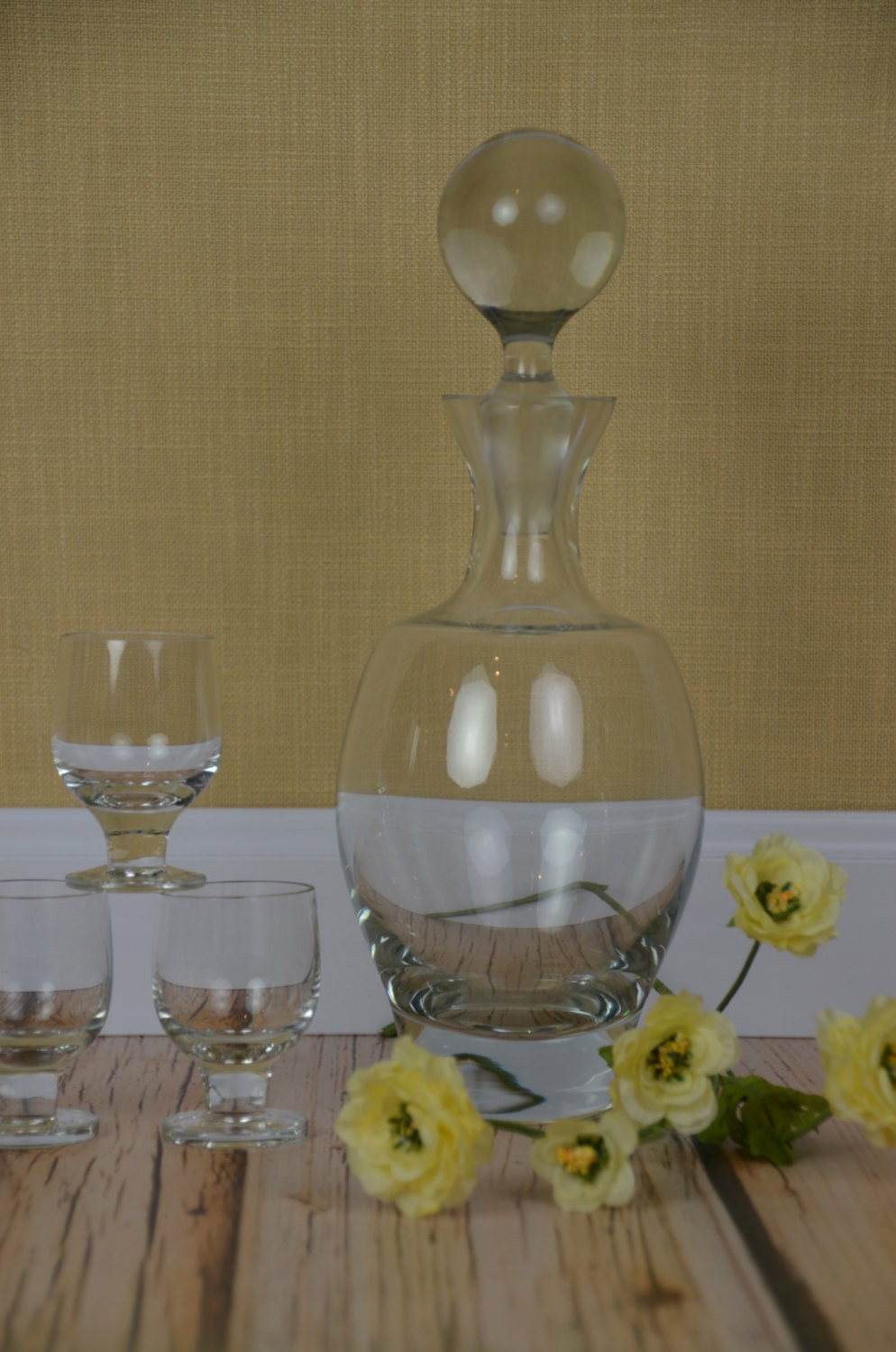 Mid Century Danish Designed, Romanian Glass Decanter and 4 Aperitif Glass Set