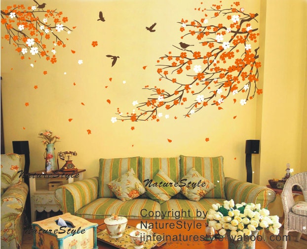cherry blossom Floral with Flying Birds -cherry blossom decal,wall decal tree decal nursery wall decal baby wall decal children wall decal