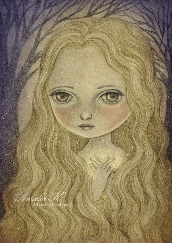 Print of  Fantasy Original Watercolor Painting, Nymph Fairy Illustration - Woodland Nymph by Amalia K