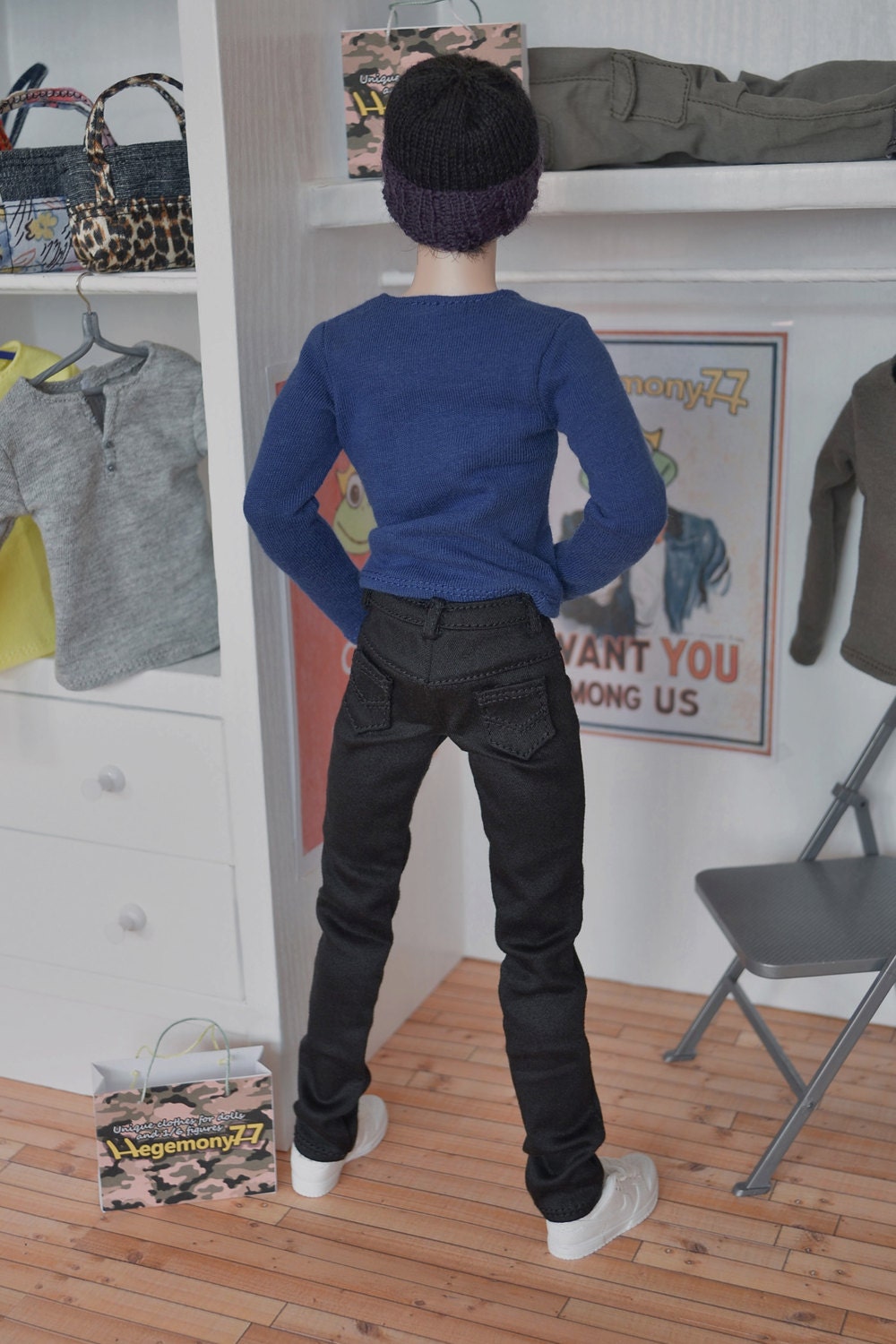 Fashion Royalty Homme male doll size black jeans pants with 4 pockets belt loops and front velcro closure