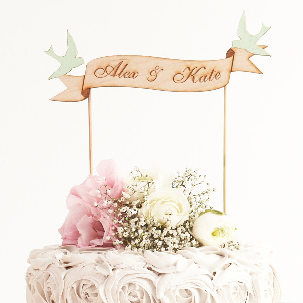 Custom Banner Wedding Cake Topper in Birch Mint Love Birds