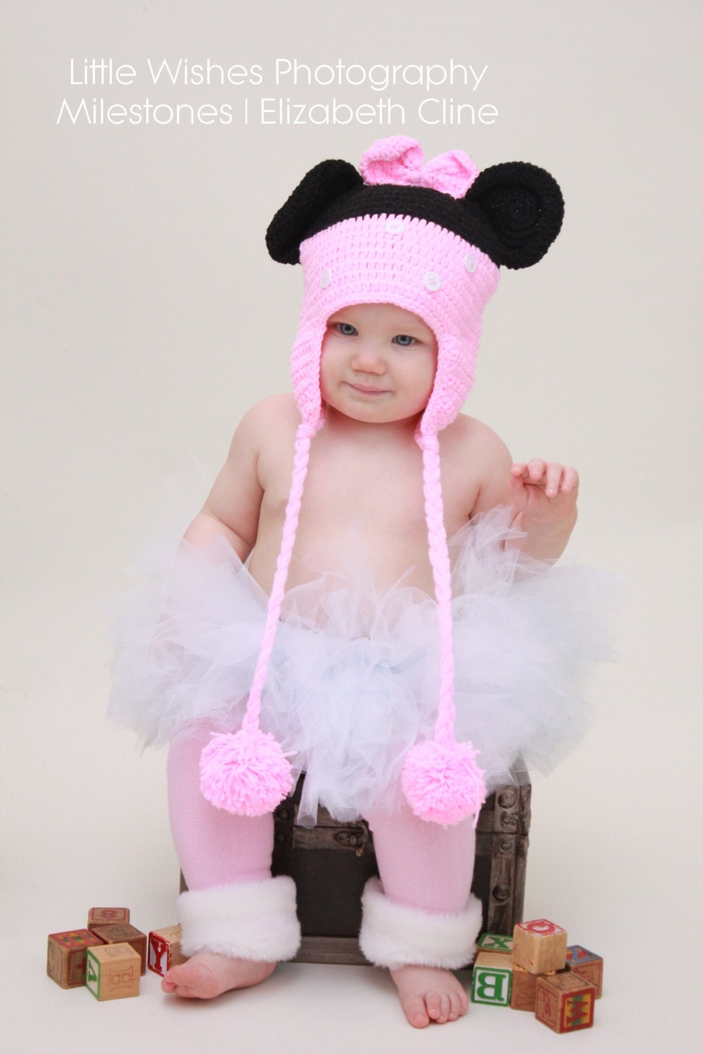 Baby & Girls Minnie Mouse Handmade Crochet Hat with Button Accents Earflaps and Pom Pom ends ON SALE Toddler to Child Size 2y to 5/6y