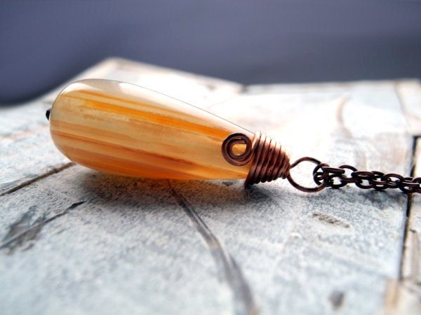 Peach Nectarine Necklace - Copper Wirework - Dangle Pearshape Necklace - Spring Woodland - Pastel Orange Necklace - Fairytale Fantasu Pagan