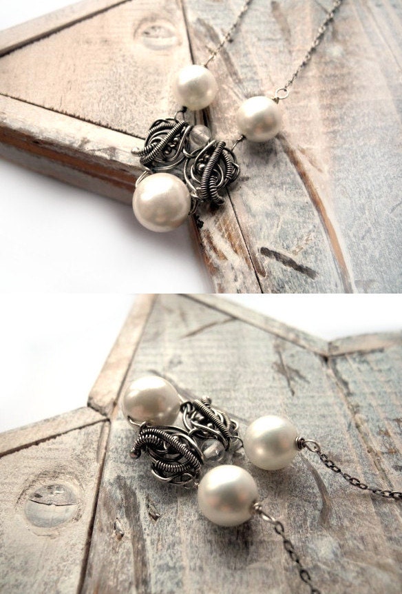 Wedding Pearl Necklace - Silver Wire Wrapping - Snow White Pearl - Bridal Necklace - Silver Necklace for Winter Bride - Valentine's Day