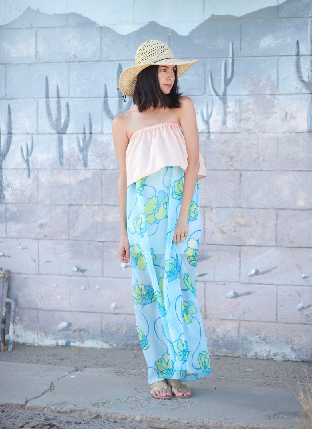 floral chiffon elastic waist maxi skirt