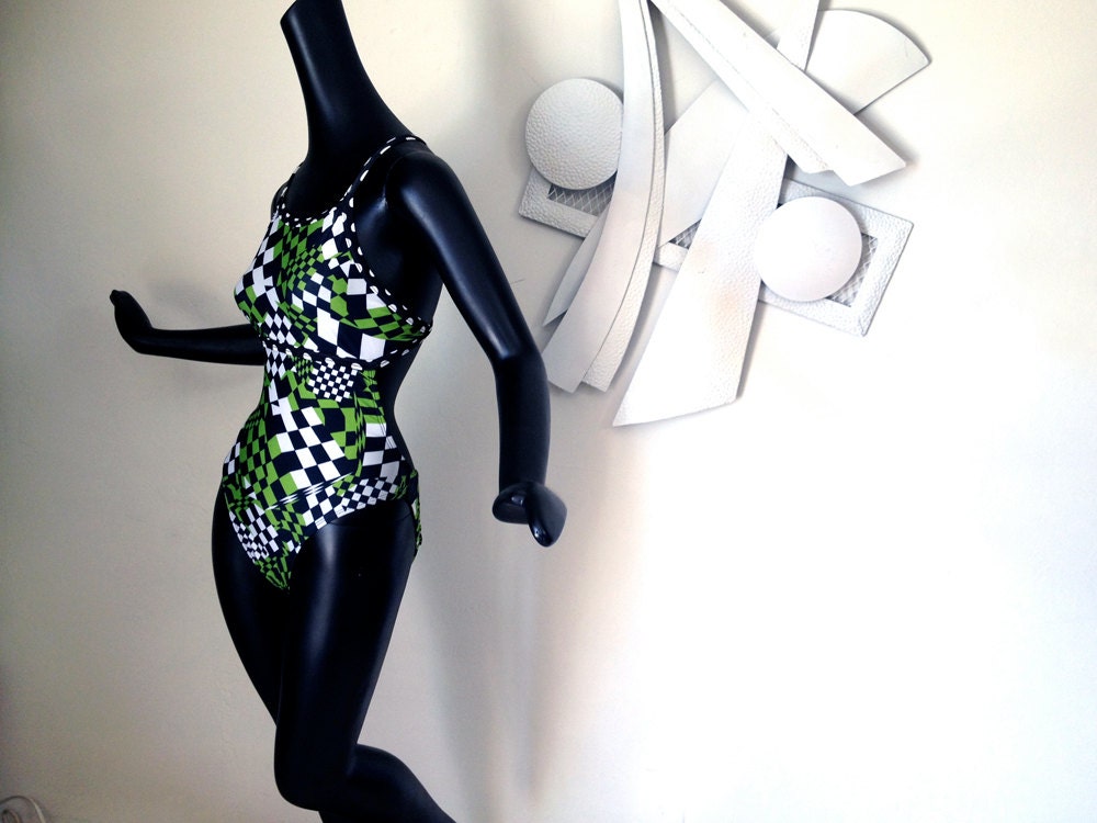 Punk Checkered 80s Swimsuit Vintage 1980s Swimwear One Piece Bathing Suit Mod Checks Checkerboard Sexy Monokini by Illusions 7/8