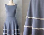 COQUETTE in GRAY - Steel gray dress with pockets // flared circle skirt // ivory crochet // bridesmaid dress // vintage inspired