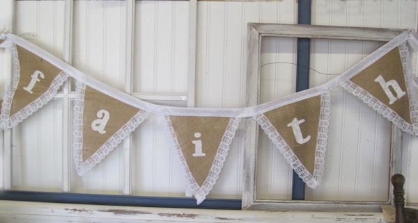 Burlap and Lace "Faith" Banner - Mantel Decor - Window Dressing - Nursery Decor - Wall Decor - Tan and White