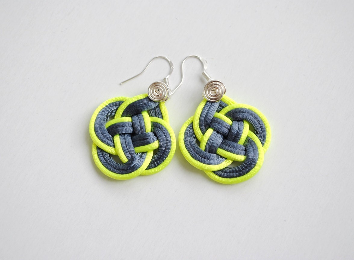 Neon yellow and dark grey double coin knot earrings, satin cords, knotted, woven, summer, gift for her, nautical style, neon jewelry