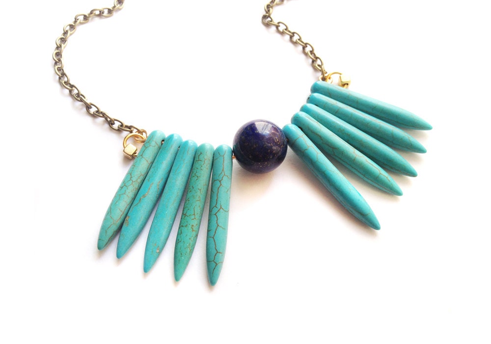 Turquoise Spike Collar Bib Necklace , lapis lazuli peter pan brass