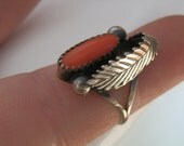 Navajo Red Coral Silver Leaf Ring. Size 6