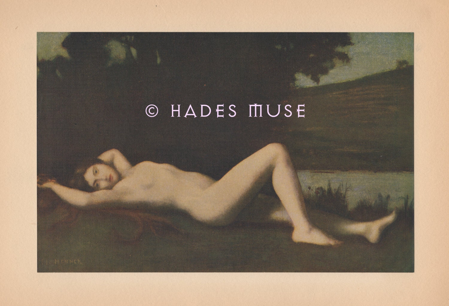 Hauntingly Beautiful Nymph-Gothic-Nude Woman-Naiad-Twilight-Luminous Ivory Flesh-Evening Glow-Water-Shadow-1913 Antique Art PRINT-Picture