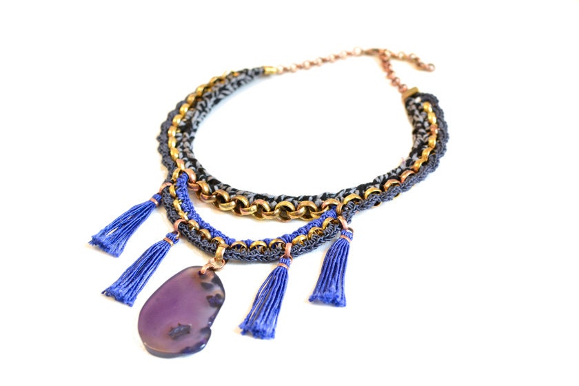 Agate Statement Necklace, Tribal Bib, Fabric Necklace, Crochet, Royalblue, Grey and Black, Oxidised Brass Chain