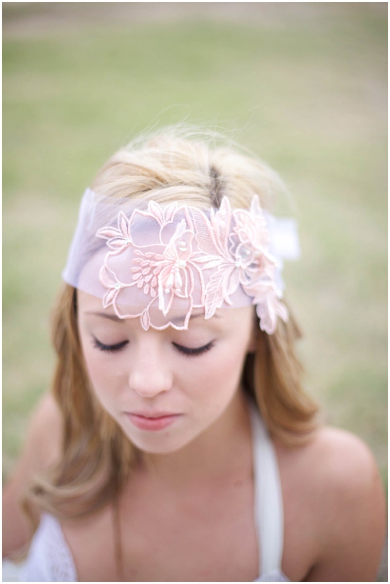 Pretty pink lace and tulle head wrap with hand sewn crystals and beading