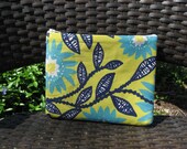 Zippered Pouch-Funky Flower Fabric Cosmetic Bag--Purse Organizer Blue, Aqua, Green/Yellow