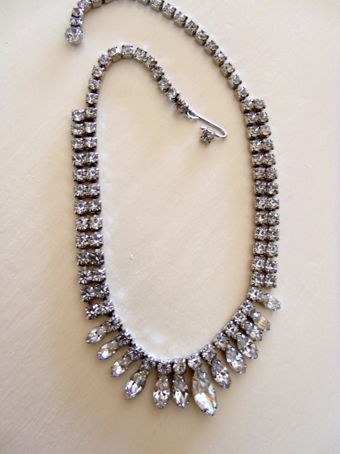 Vintage Rhinestone Necklace Marquis Prong Set Glam Mid century Big Sparkles