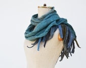 angel wings fringe turquoise long scarf Angora wool felt, hand dayed, ombre teal blue grey pure soft wool, subtle openwork unique