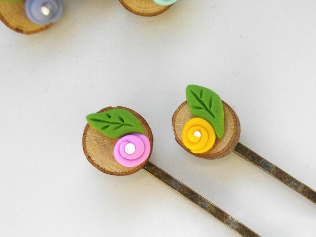 Wood and polymer bobby pins - polymer clay flower - leaf - eco friendly - hair accessories