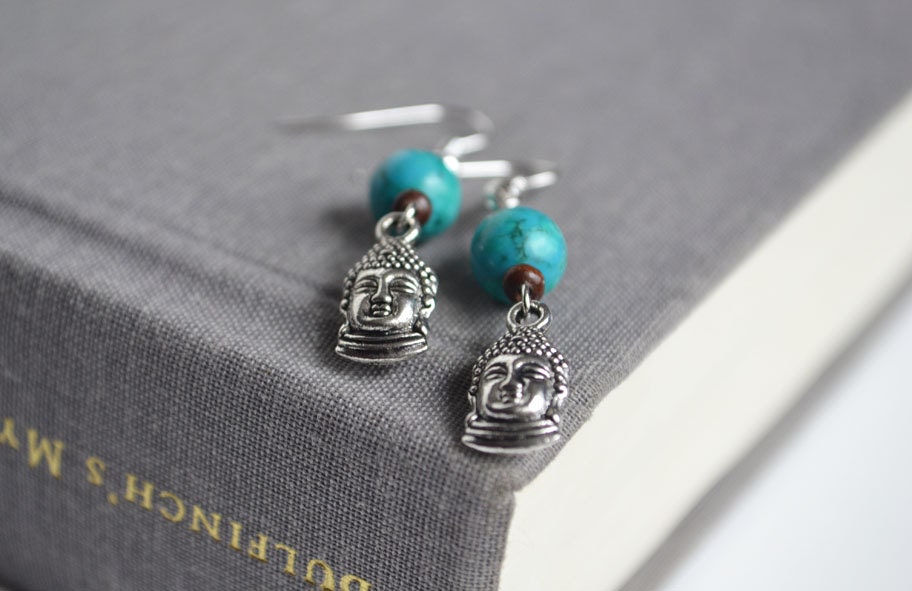 Buddha  Earrings Silver, Wood and Turquoise Jewelry, Zen Buddah Silver Charm Earrings, Love n Lavish