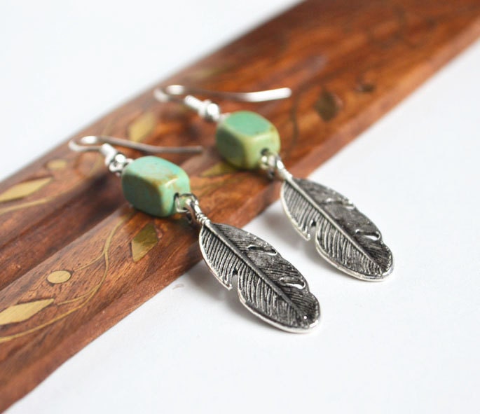 Feathers and Turquoise Earrings, Hippie Nature Inspired Earrings, Rectangular Stone Earrings, Feather Jewelry