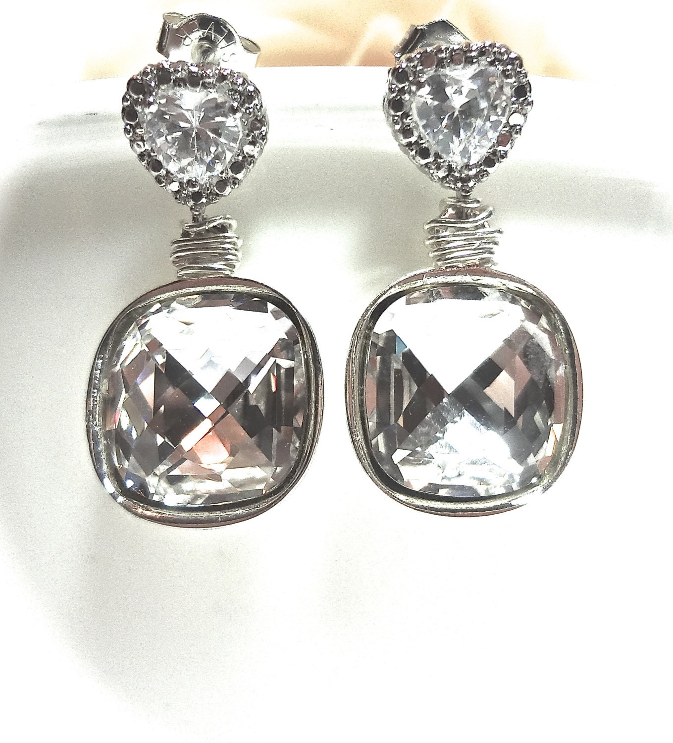 Brides earrings - Crystal earrings - Cubic Zirconia's - Hearts - square - Cushion - Sterling Silver - Bridal jewelry -
