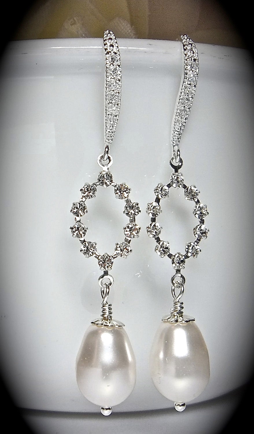 Pearl drop earrings - Sterling Silver - Sparkling Crystals - Modern - Bridal Jewelry - Bridesmaids - Formal -