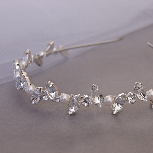 Wedding Tiara, Bridal Headbands - Diamante Stones and Ivory White Swarovski Pearls, Wedding Hair Accessories