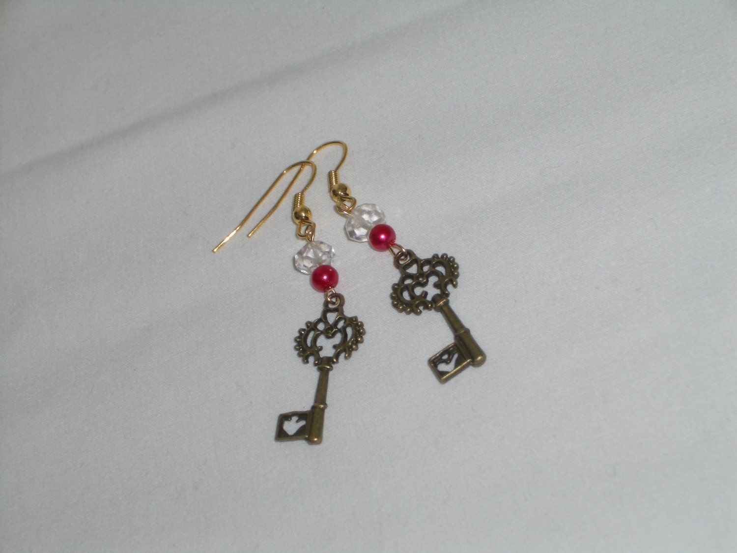 Steampunk Heart Key Bead 22K Gold Filled Swarovski Crystal Earrings Sacred Jewelry Dangles Free Gift Wrap Z1