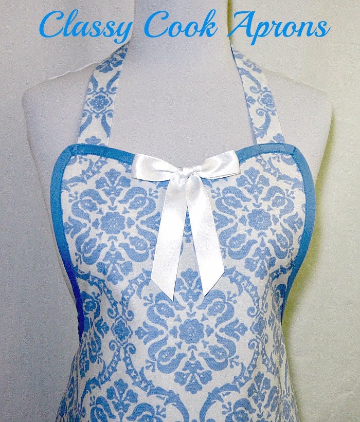 Apron DAMASK Ice BLUE & White, Pretty Party, Glamor Girl Hostess, Unique Kitchen Gift