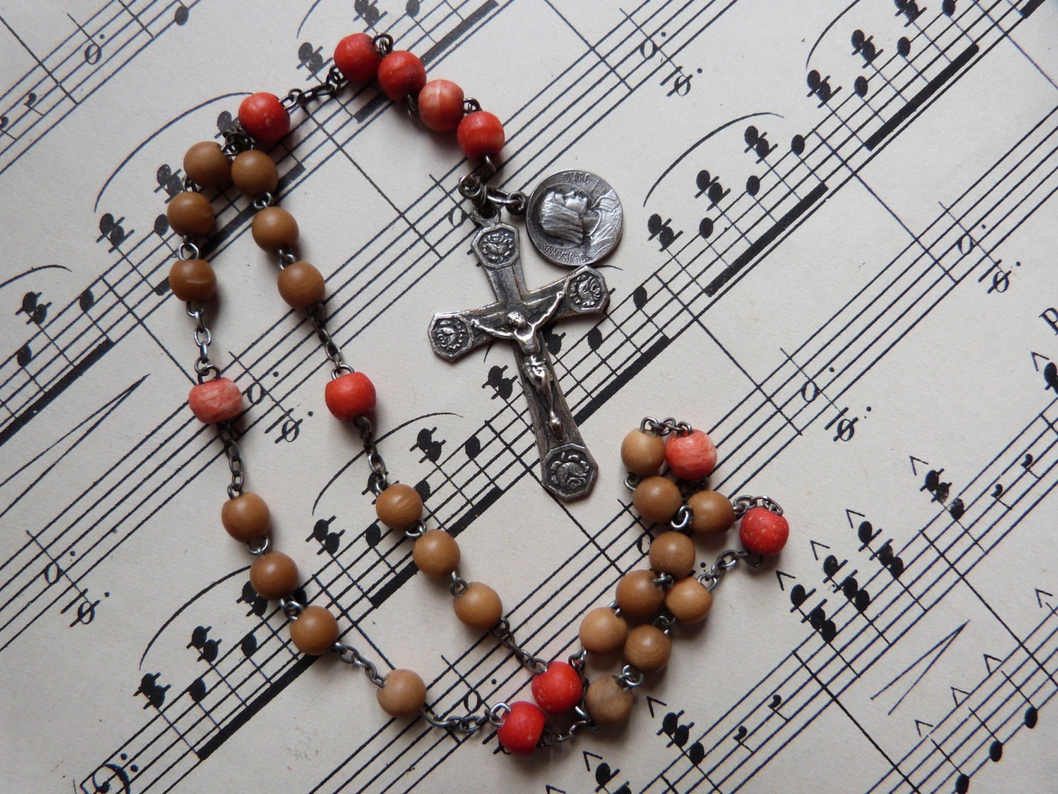 Rare antique French religious wooden beaded catholic rosary necklace for child w silver cross crucifix, jeanne d arc medal, angel